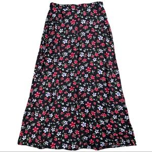 In Design size16 vintage (runs small) black long skirt, red/pink & purple floral